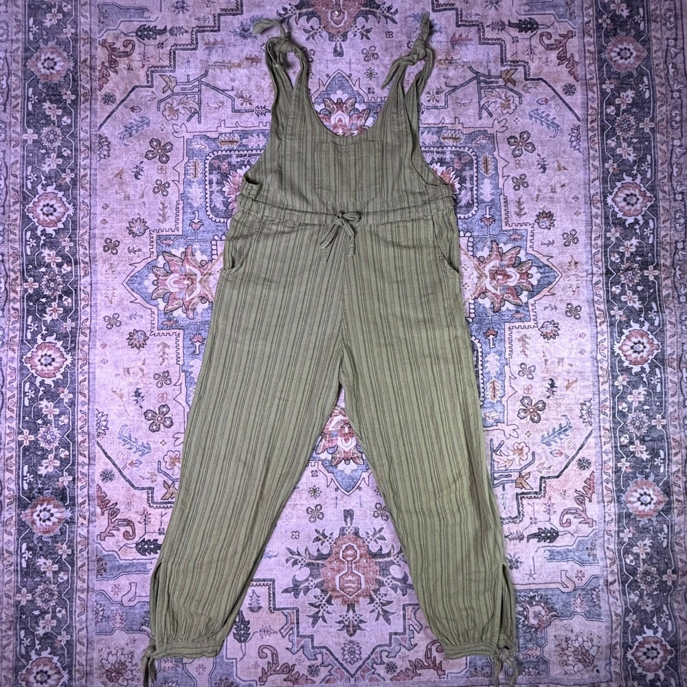 Soul Flower Hippie Cotton Green Striped Overalls Tie Strap Jumpsuit Boho Sz S/M